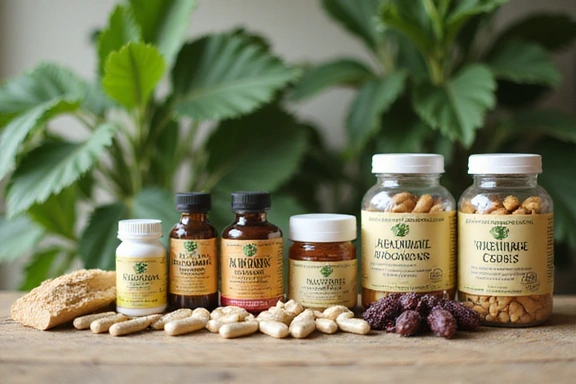 Suplementy diety na tle zielonych roślin