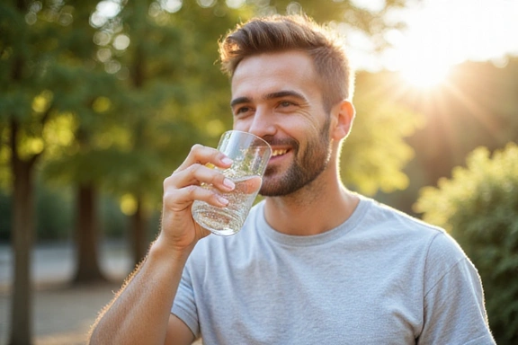Uśmiechnięty mężczyzna pije wodę
