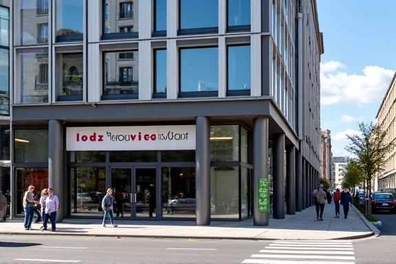 Ilustracja przedstawiająca budynek firmy LodzHerbanVitalCart w Łodzi