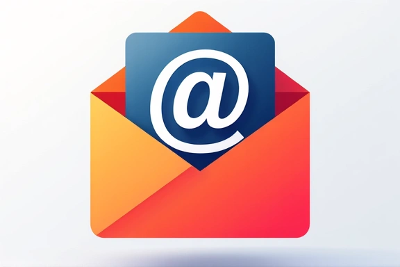 Ilustracja przedstawiająca ikonę koperty i symbol @, oznaczające komunikację mailową
