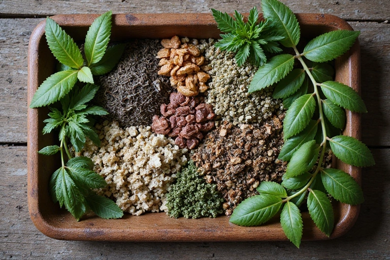 Różnorodne zioła na drewnianej tacy