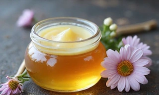 Balsam do ust w małym słoiczku, z miodem i kwiatami.