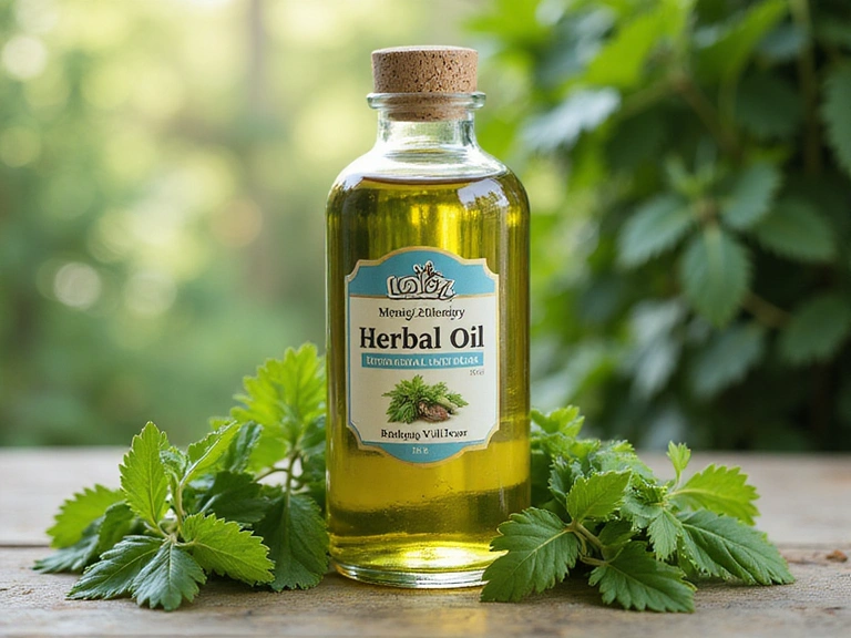 Główny obraz produktu: Naturalny olejek ziołowy o intensywnym zielonym kolorze w szklanej butelce z etykietą LodzHerbanVitalCart, na tle świeżych ziół.