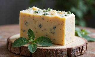 Naturalne mydło ziołowe z kawałkami ziół, na tle drewnianej deski.