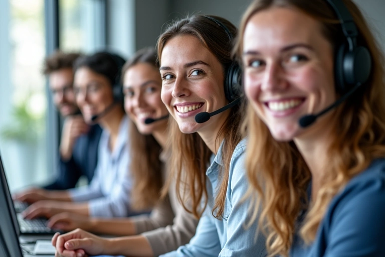 Grupa uśmiechniętych osób w biurze, symbolizująca wsparcie klienta i zespół