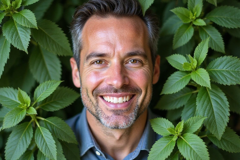 Mężczyzna w średnim wieku, uśmiechnięty, z zielonymi liśćmi w tle