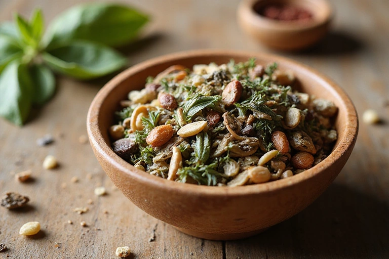 Zioła i naturalne składniki w drewnianej misce, symbolizujące naturalne pochodzenie produktów