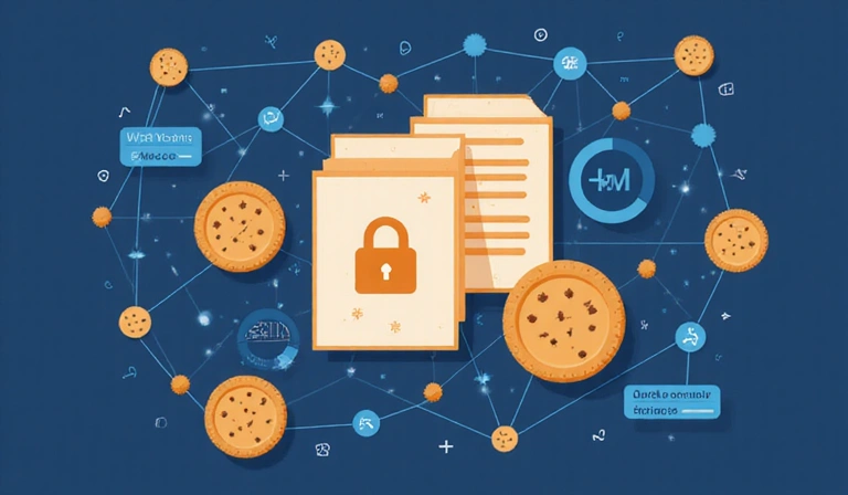 Ilustracja przedstawiająca pliki cookies, ciasteczka i cyfrowe dane, symbolizująca zbieranie danych.