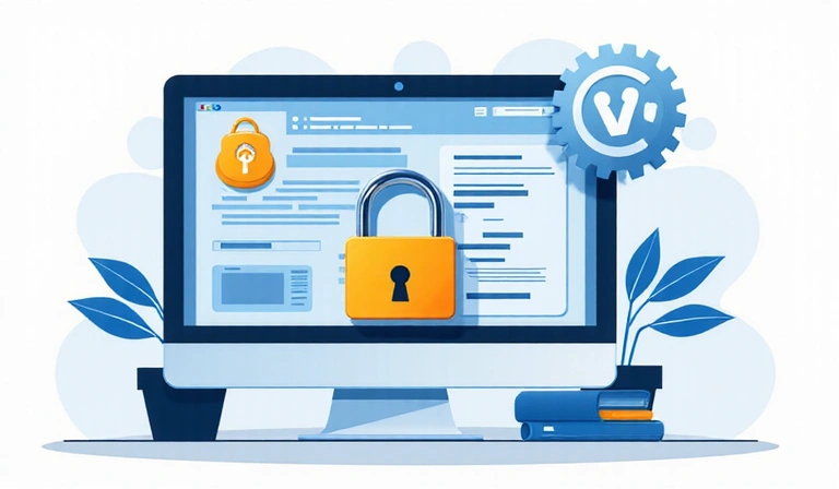 Ilustracja przedstawiająca bezpieczne dane, kłódkę i cyfrowe symbole prywatności.