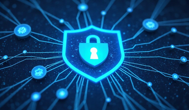 Ilustracja przedstawiająca bezpieczne połączenie, tarczę i cyfrową ochronę, symbolizująca środki bezpieczeństwa.